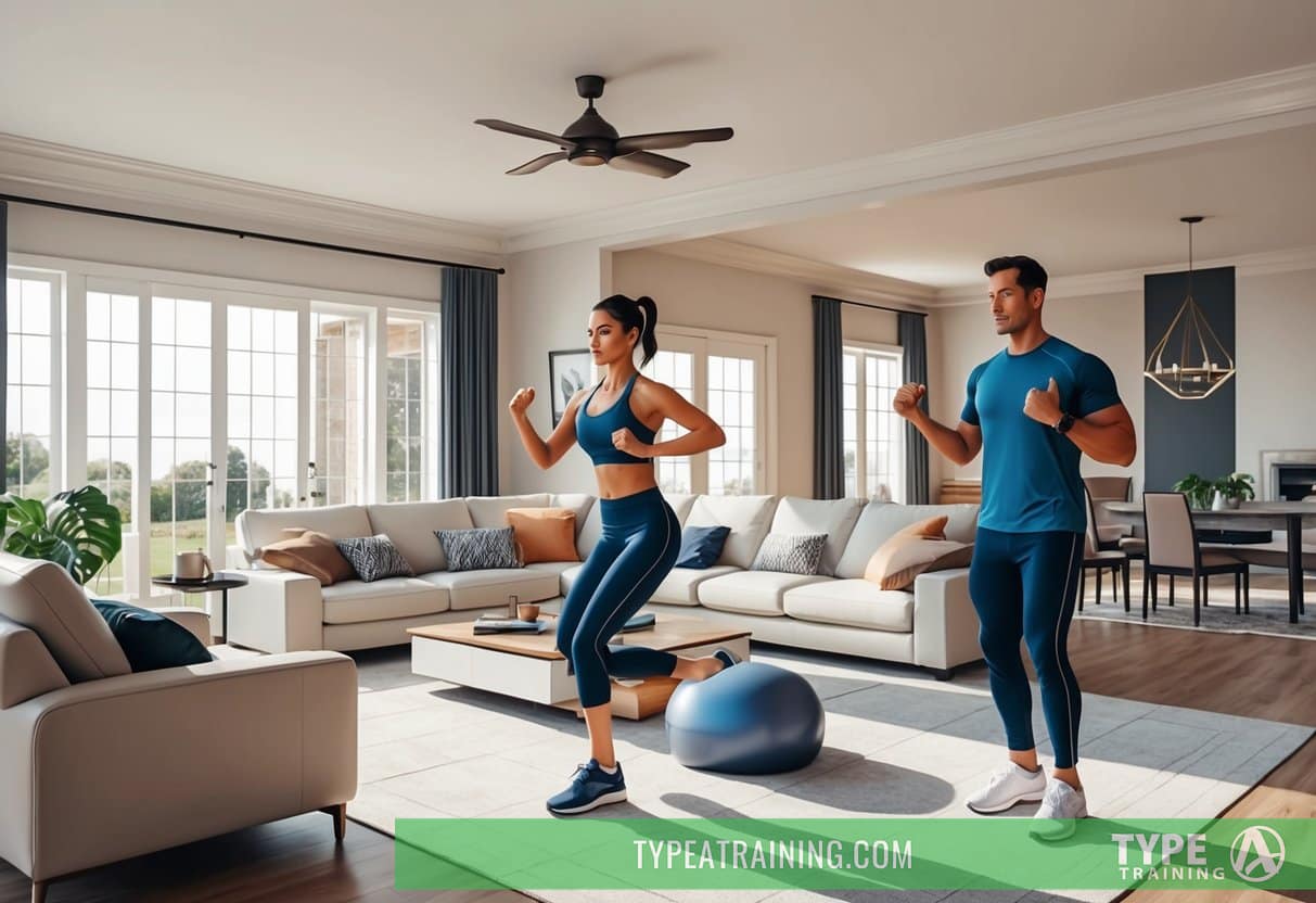 A person working out in a spacious, well-lit living room with a personal trainer guiding them through various exercises