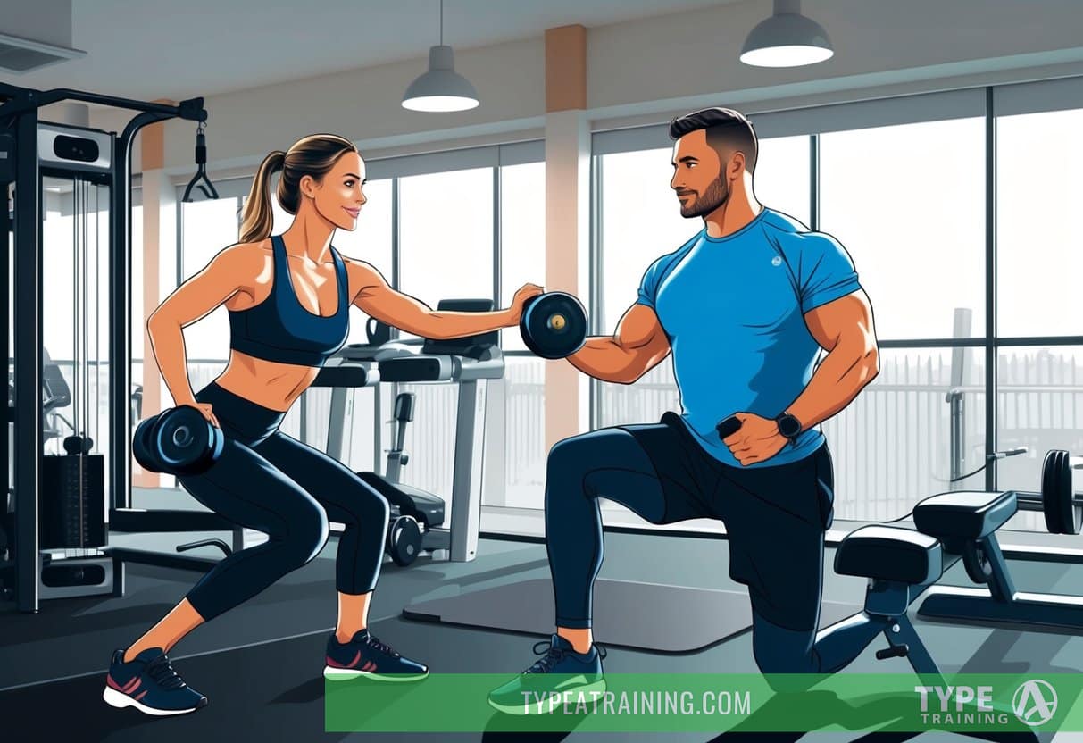 A personal trainer guiding a client through a workout in a modern, well-equipped gym