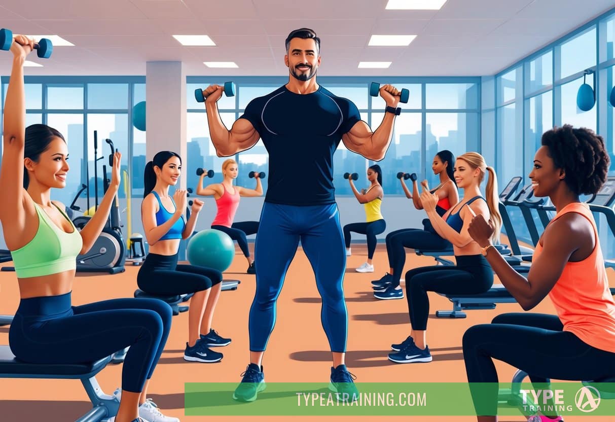 A personal trainer leading a group fitness class in a well-equipped gym with diverse exercise equipment and motivated clients