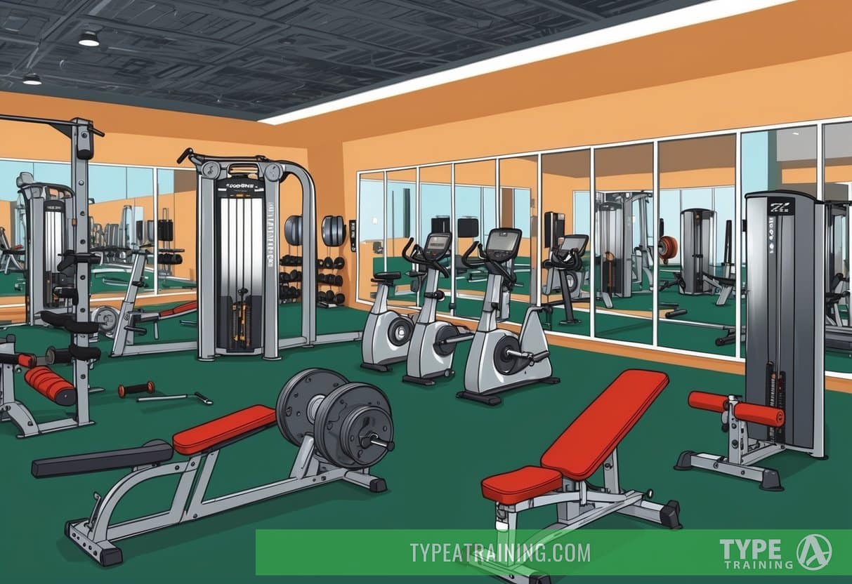 A gym with various equipment and training modalities, including free weights, machines, cardio machines, and functional training areas