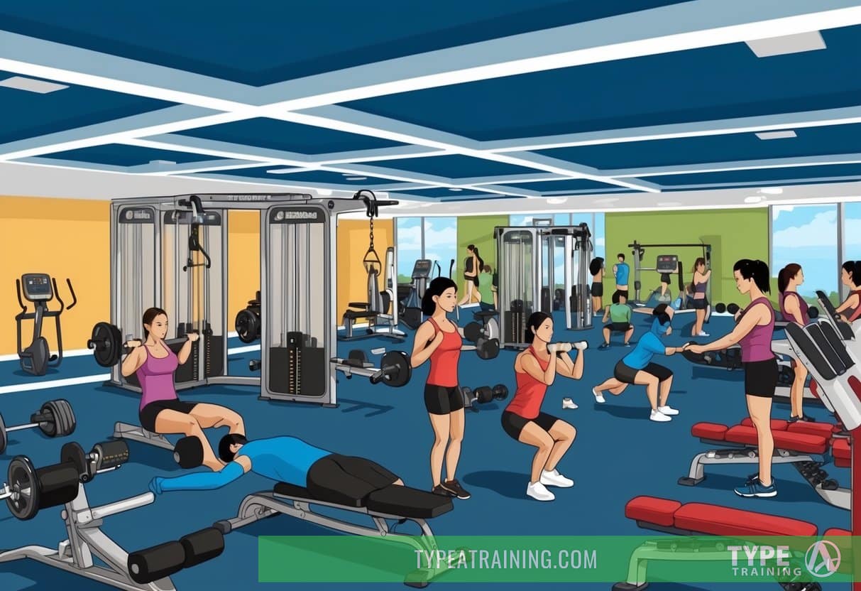 A bustling gym with various workout equipment and personal training studios. Trainers guiding clients through exercises