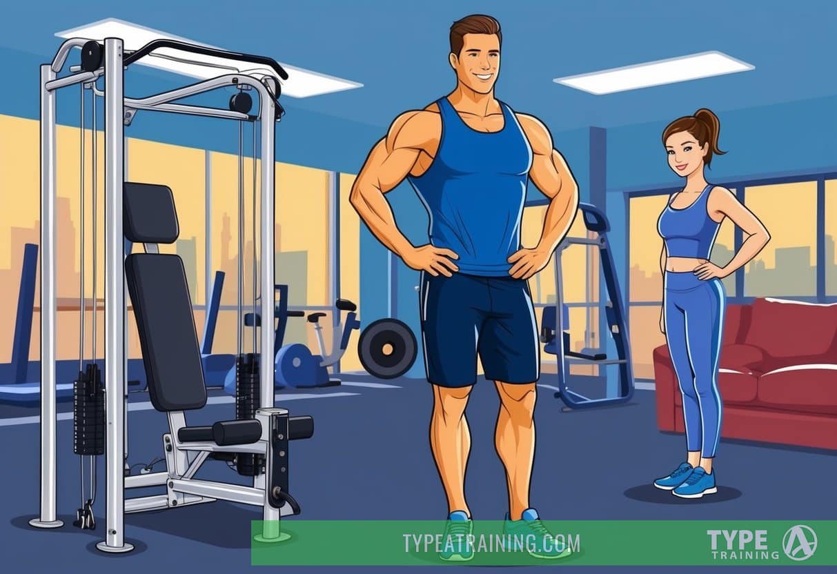 A personal trainer standing confidently with exercise equipment and a client nearby, surrounded by a gym environment