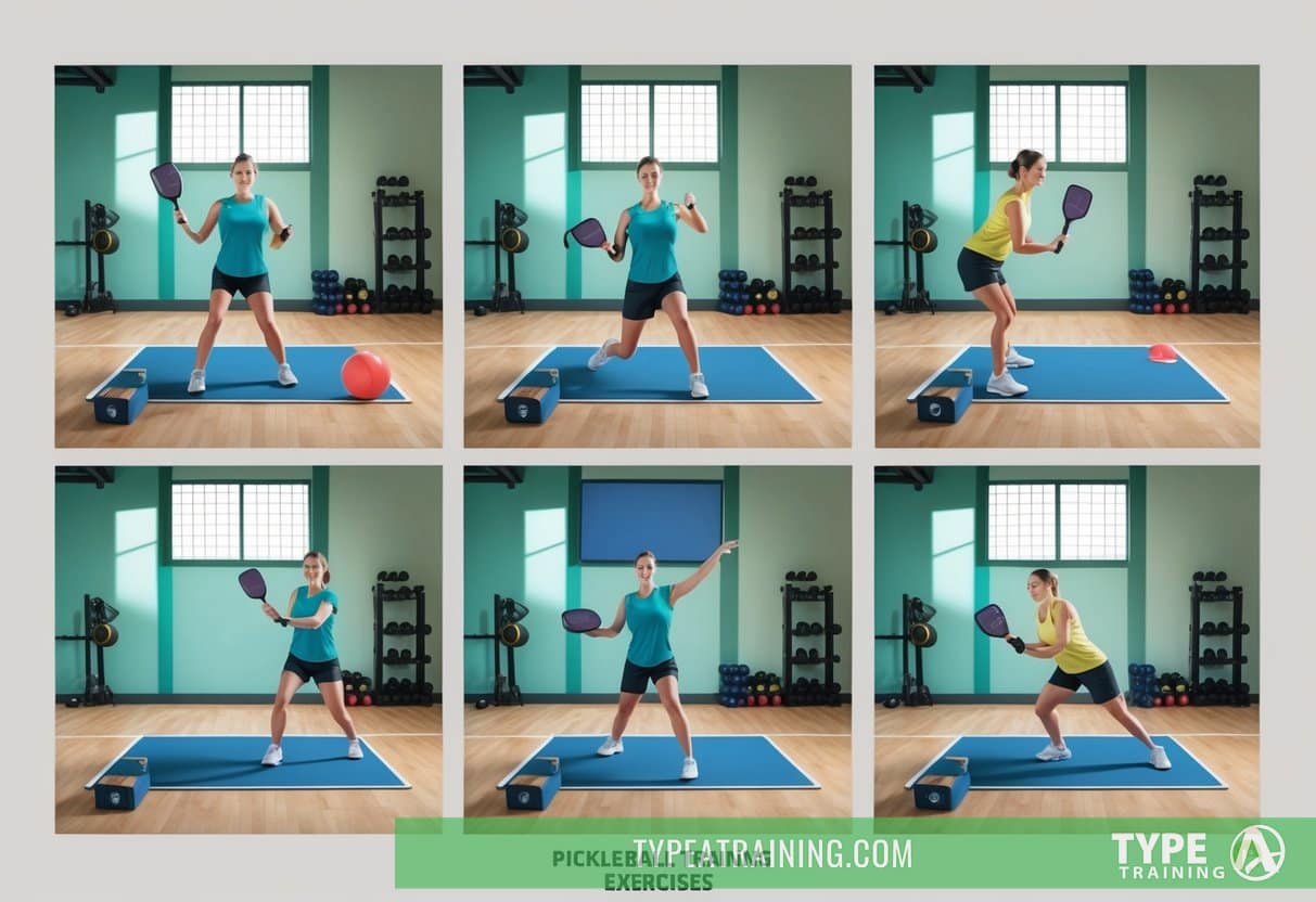 A set of pickleball strength training exercises being performed in a gym with various equipment and weights