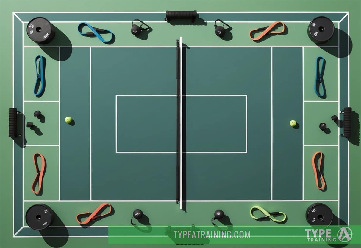 A pickleball court with various strength training equipment scattered around, including dumbbells, resistance bands, and agility hurdles