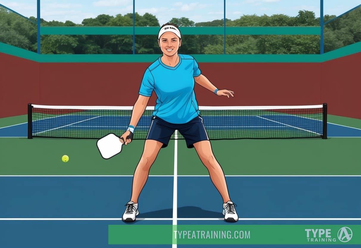 A pickleball player performs lower body strength exercises on a court