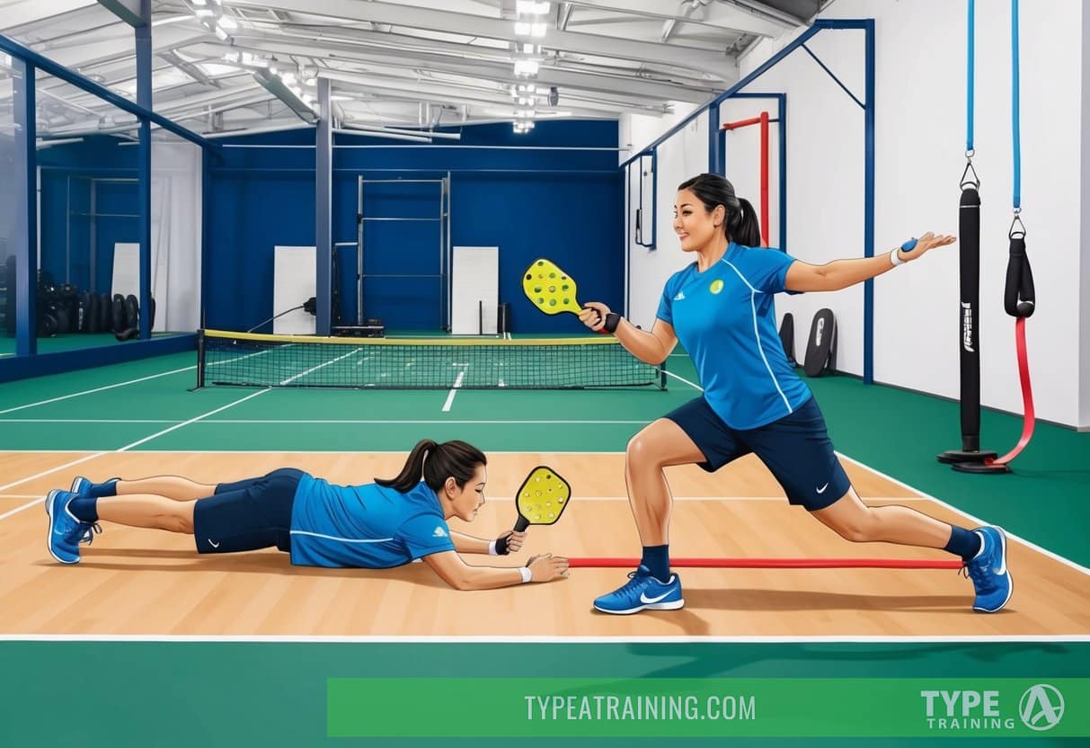 A pickleball player performing core and flexibility drills in a gym setting. Stretching, planking, and resistance band exercises are being demonstrated