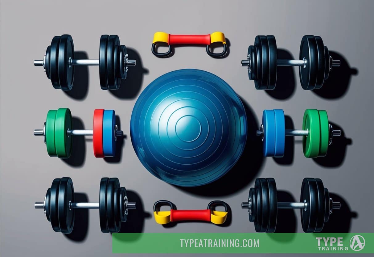 A set of weights, resistance bands, and a stability ball arranged in a gym setting for strength training exercises