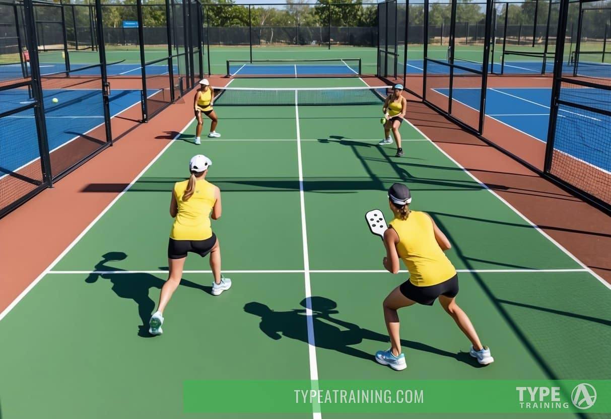 A pickleball court with players engaging in strength training exercises using sports-specific drills
