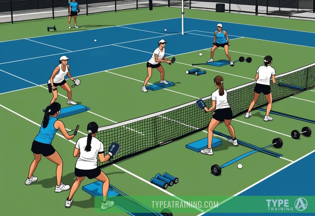 A group of pickleball players performing strength training exercises on a court with equipment such as resistance bands and dumbbells