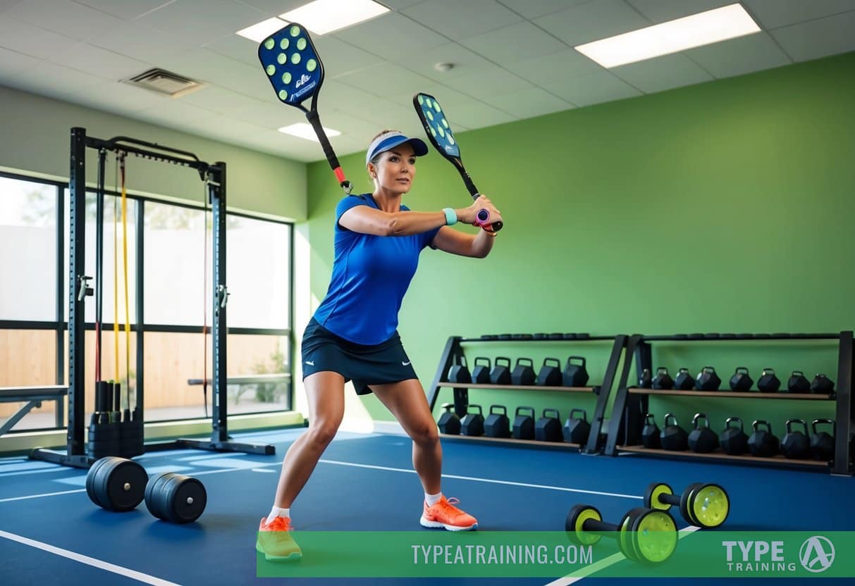 A pickleball player performing strength training exercises with weights and resistance bands in a well-lit gym setting