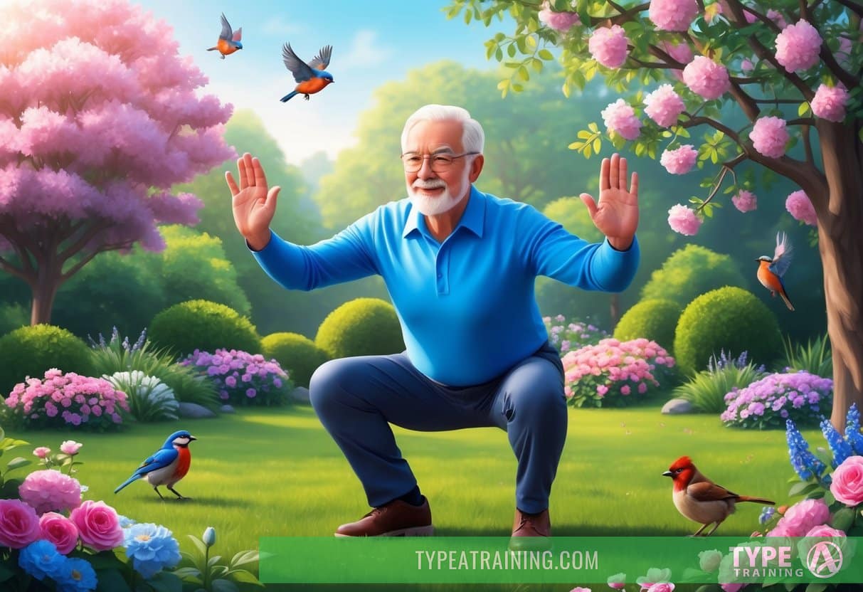 A senior gracefully performs squats in a serene garden, surrounded by blooming flowers and chirping birds