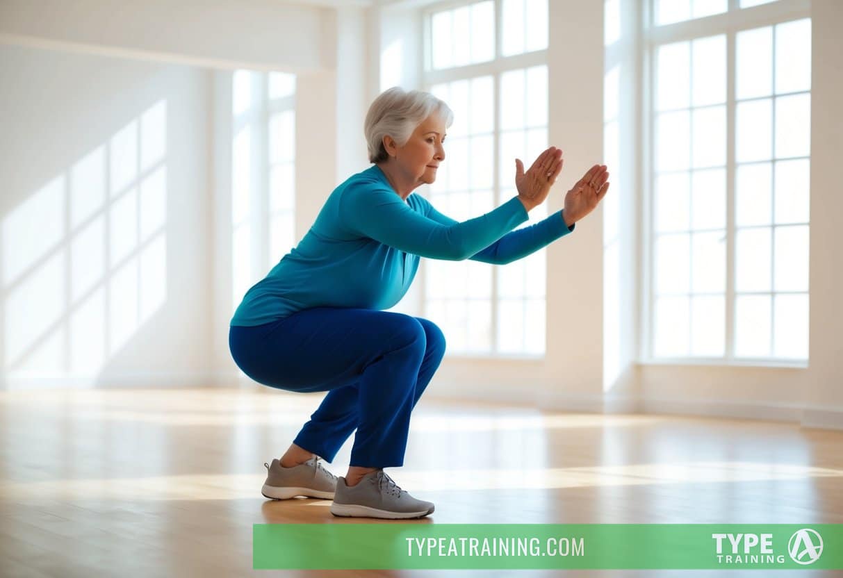 A senior person performing squats in a bright, spacious room with natural light streaming in through large windows. A sense of determination and focus is evident in their posture