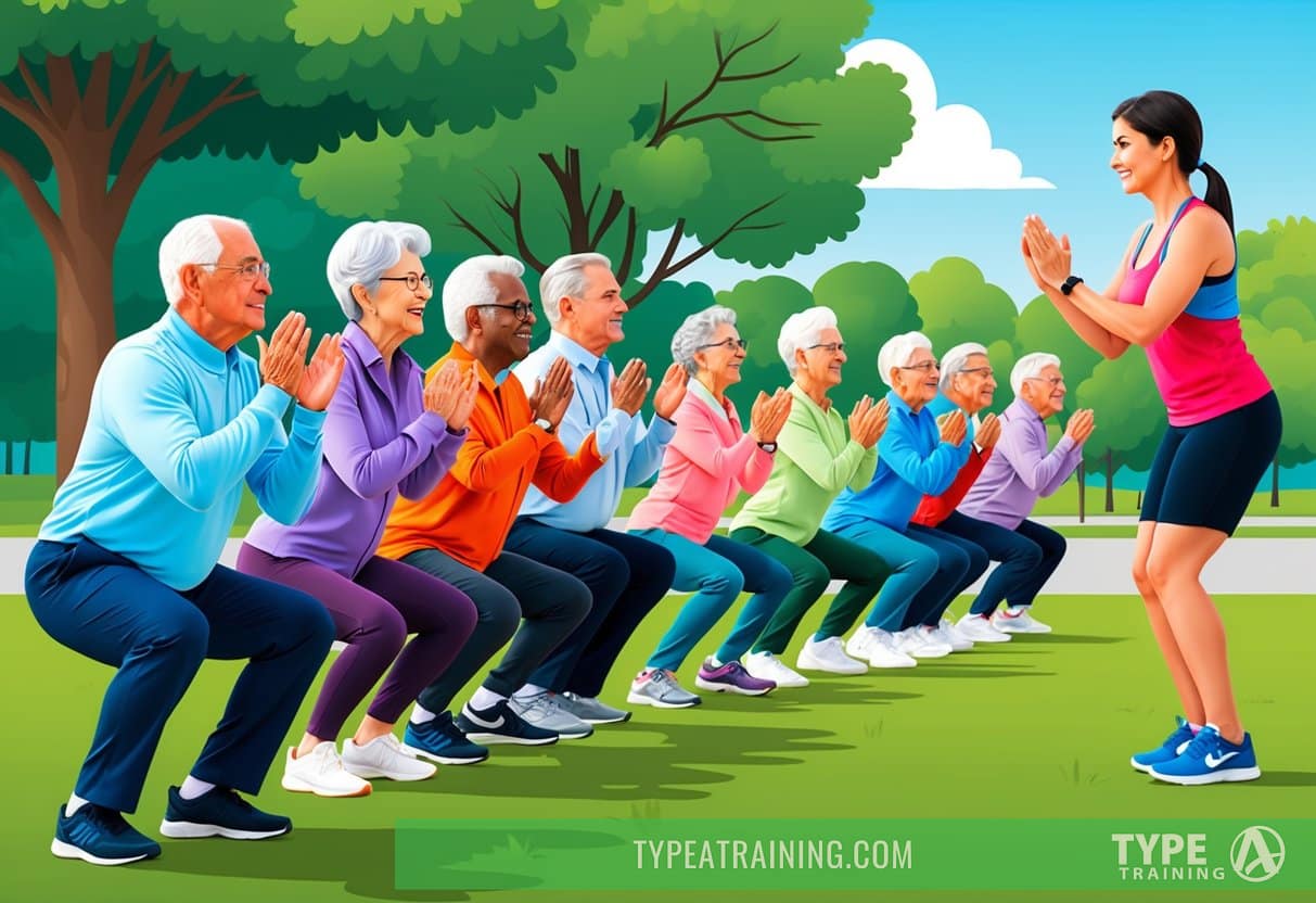 A group of seniors performing squats in a park, with a fitness instructor guiding them