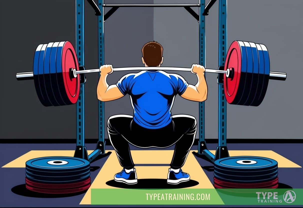 A person squatting with a loaded barbell on their shoulders, surrounded by weight plates and a squat rack in a gym setting