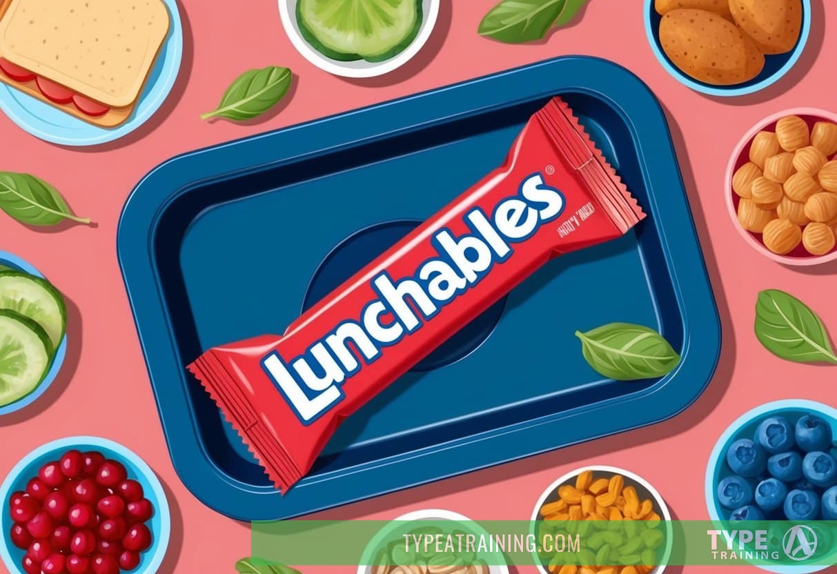 A lunch tray with an empty space where a Lunchables used to be, surrounded by other food items
