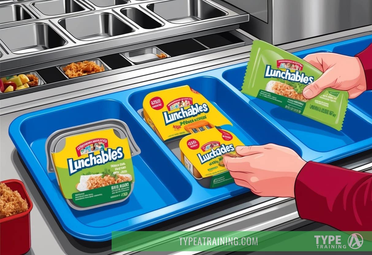 A lunch tray with empty compartments and a Lunchables packaging being removed from a school cafeteria line