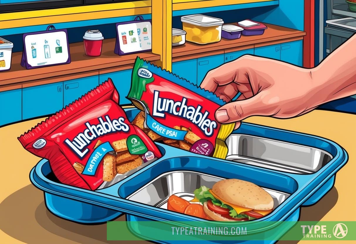 A lunch tray with a Lunchables package being removed by a hand in a school cafeteria