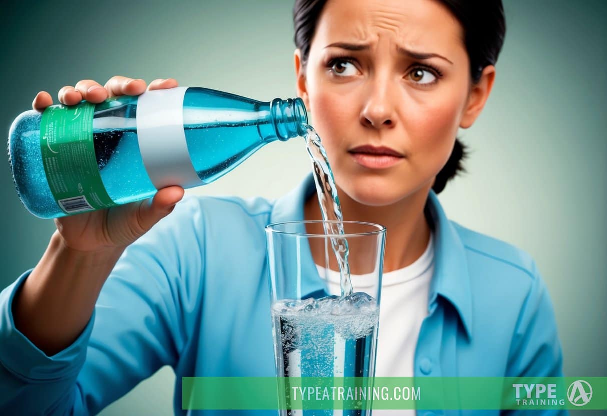 A person pouring a glass of sparkling water from a bottle, with a concerned expression on their face