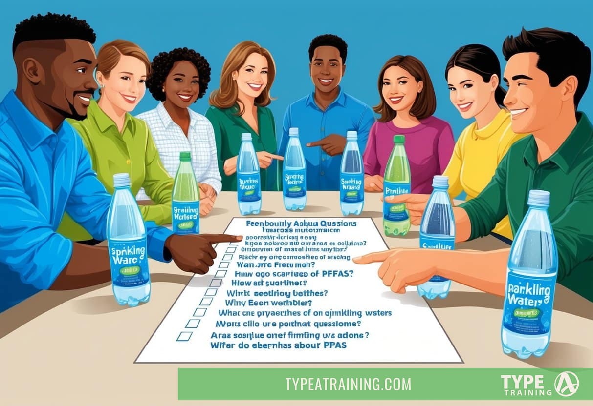 A group of people gathered around a table with various bottles of sparkling water, pointing to a list of frequently asked questions about PFAS