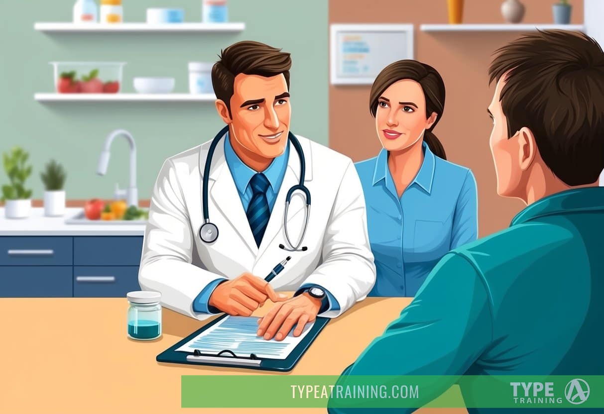 A naturopathic doctor sitting across from a patient, asking questions about their dietary habits and nutrition. The doctor holds a clipboard and pen, while the patient listens attentively