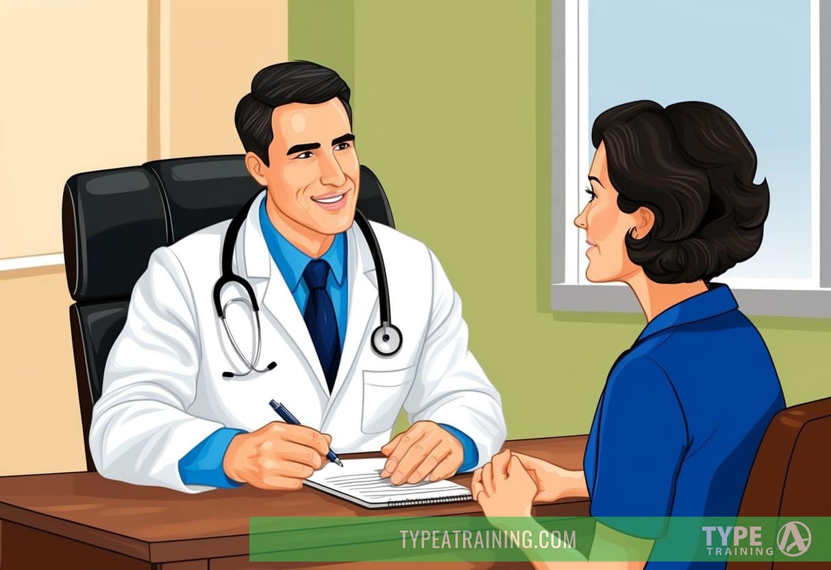 A naturopathic doctor sitting at a desk, asking a patient questions. The doctor has a notepad and pen, while the patient listens attentively