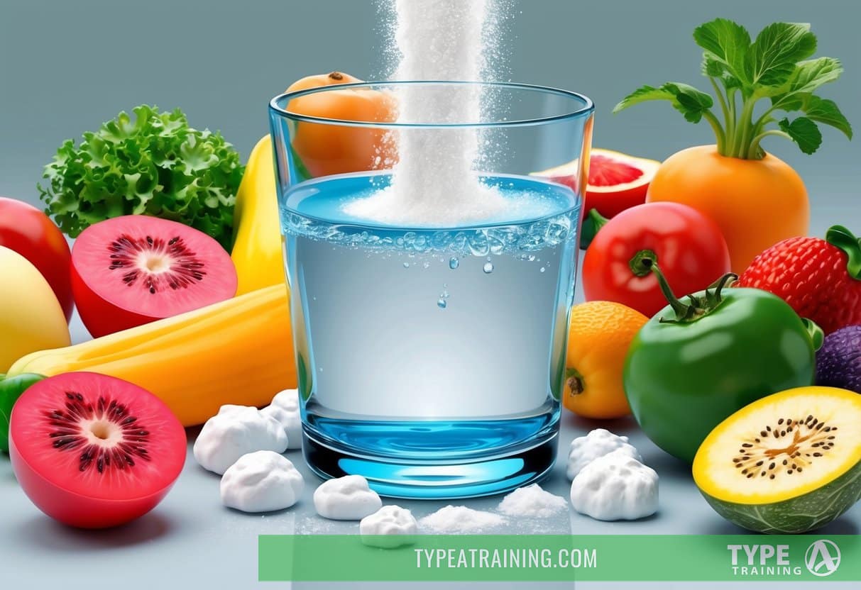A glass of water with baking soda dissolving, surrounded by various fruits and vegetables