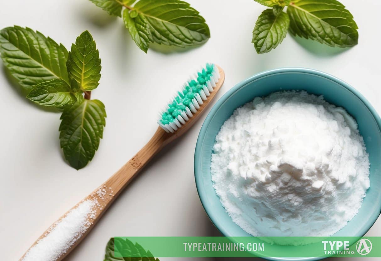 A toothbrush coated with baking soda, surrounded by fresh mint leaves and a bowl of baking soda