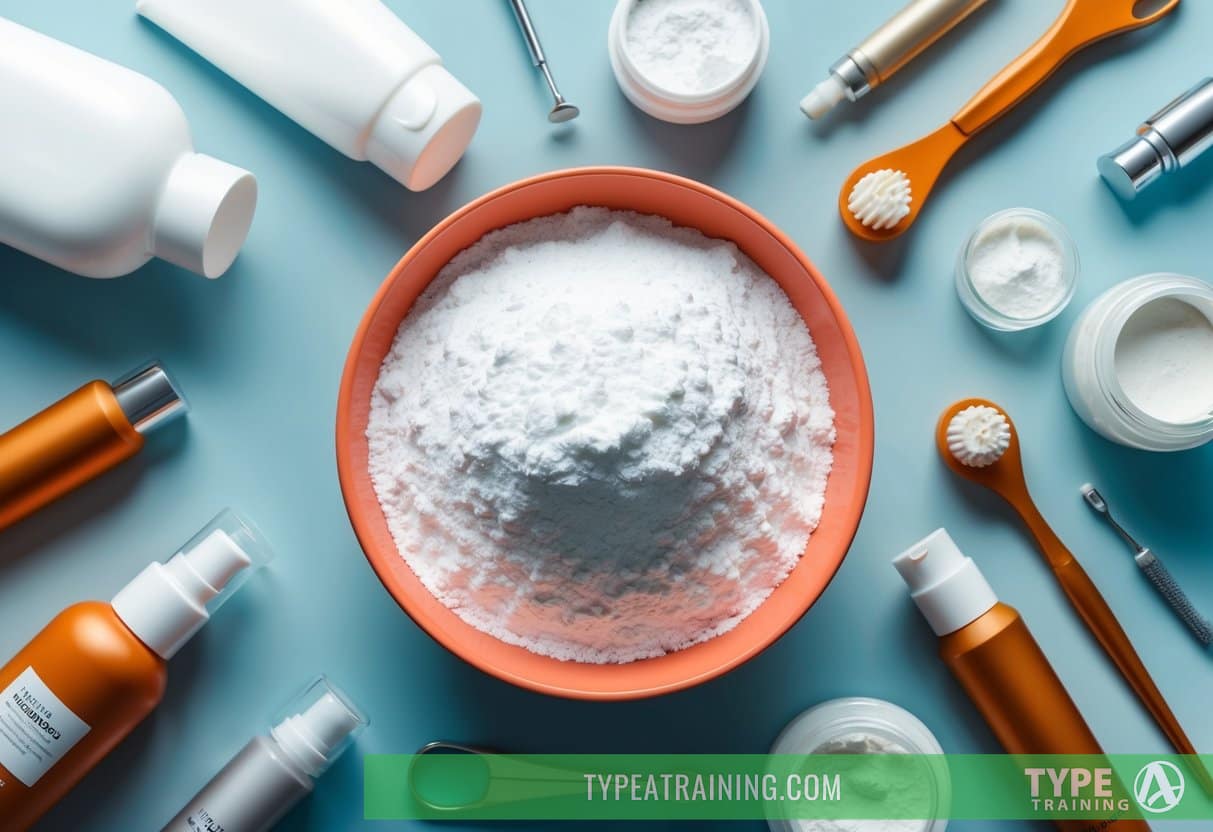 A bowl of baking soda surrounded by various dermatological products and tools