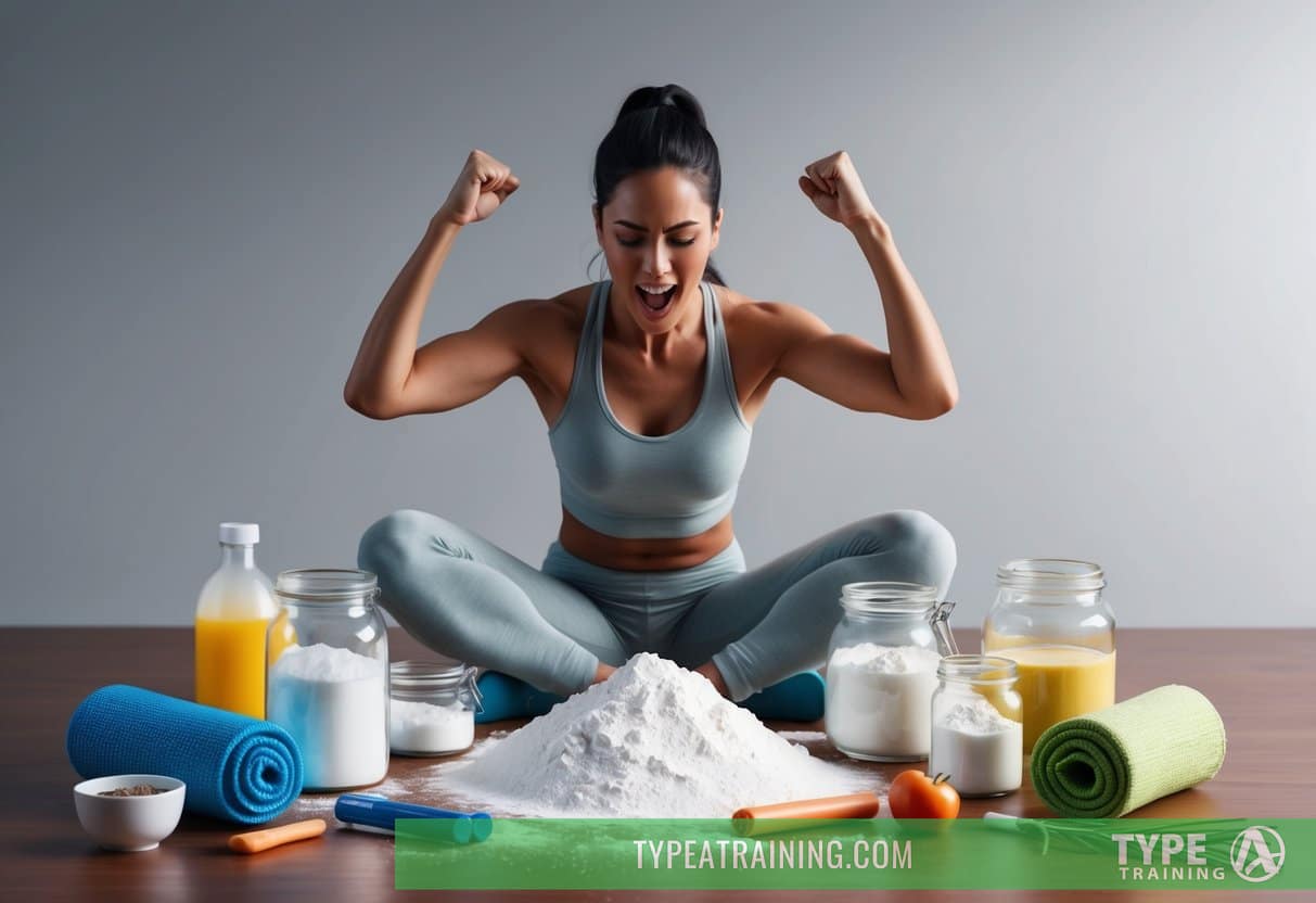 A person exercising vigorously while surrounded by baking soda and various health-related items