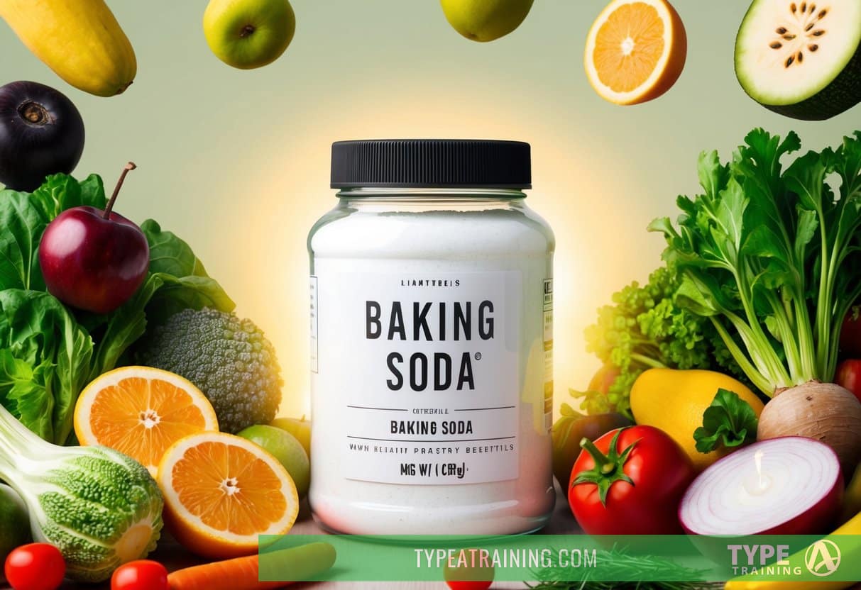 A jar of baking soda surrounded by various fruits and vegetables, with a soft glow highlighting its health benefits