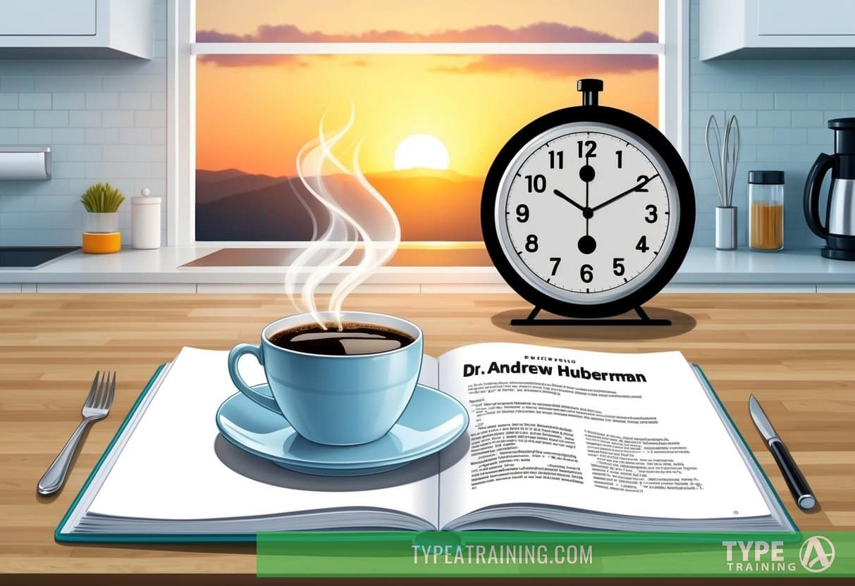 Sunrise over a kitchen counter with a steaming cup of coffee, a clock showing 90 minutes, and a scientific journal open to Dr. Andrew Huberman's research