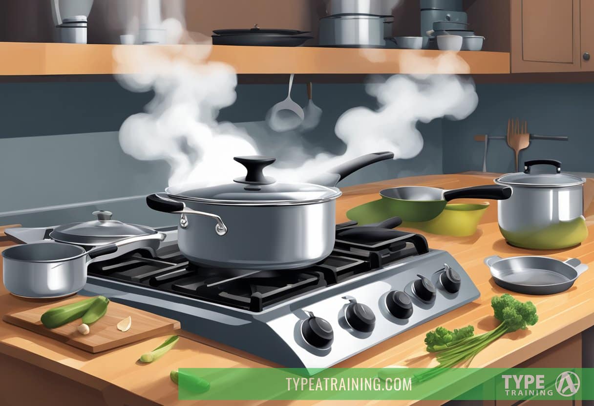 Steam rising from various pots and pans on a stovetop, with a chef's knife and cutting board nearby