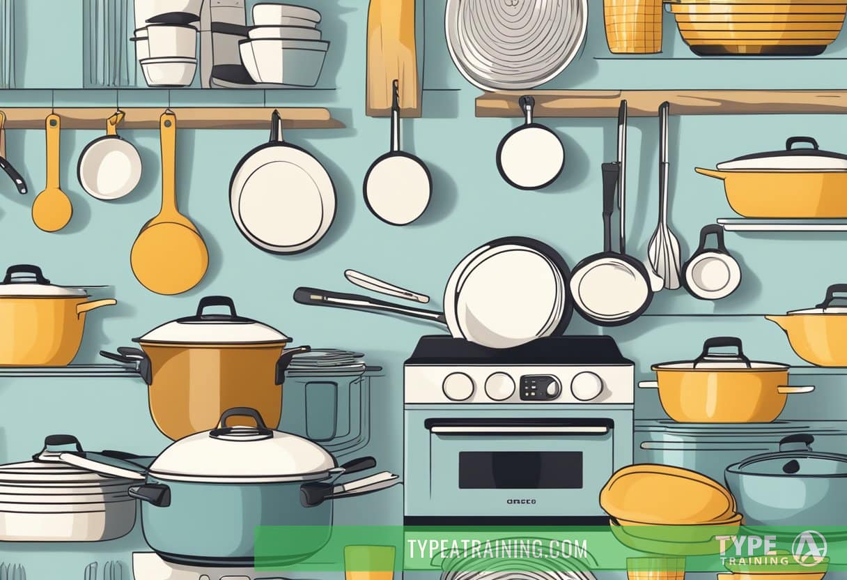 A modern kitchen with a sleek, non-toxic cookware set on a stovetop, surrounded by various cooking utensils and ingredients