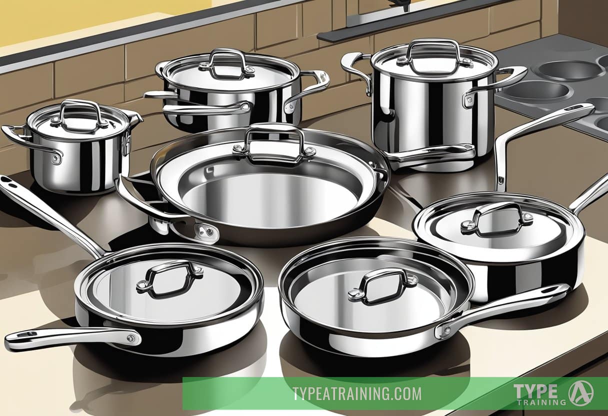 A gleaming All-Clad D3 cookware set arranged on a kitchen countertop, showcasing the shiny stainless steel pots and pans