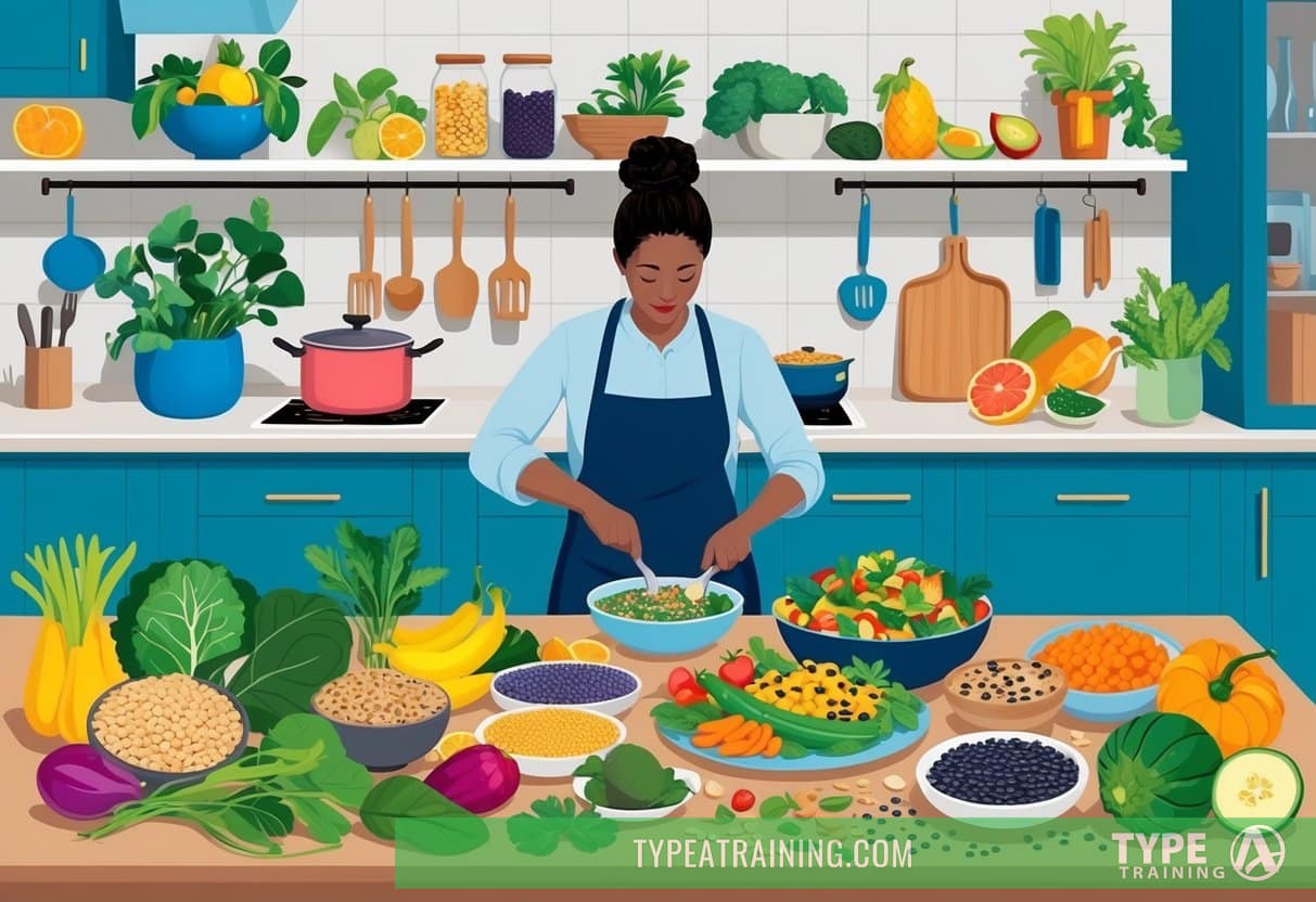 A vibrant kitchen with an array of colorful fruits, vegetables, legumes, and grains. A person preparing hearty plant-based meals with a focus on protein-rich ingredients
