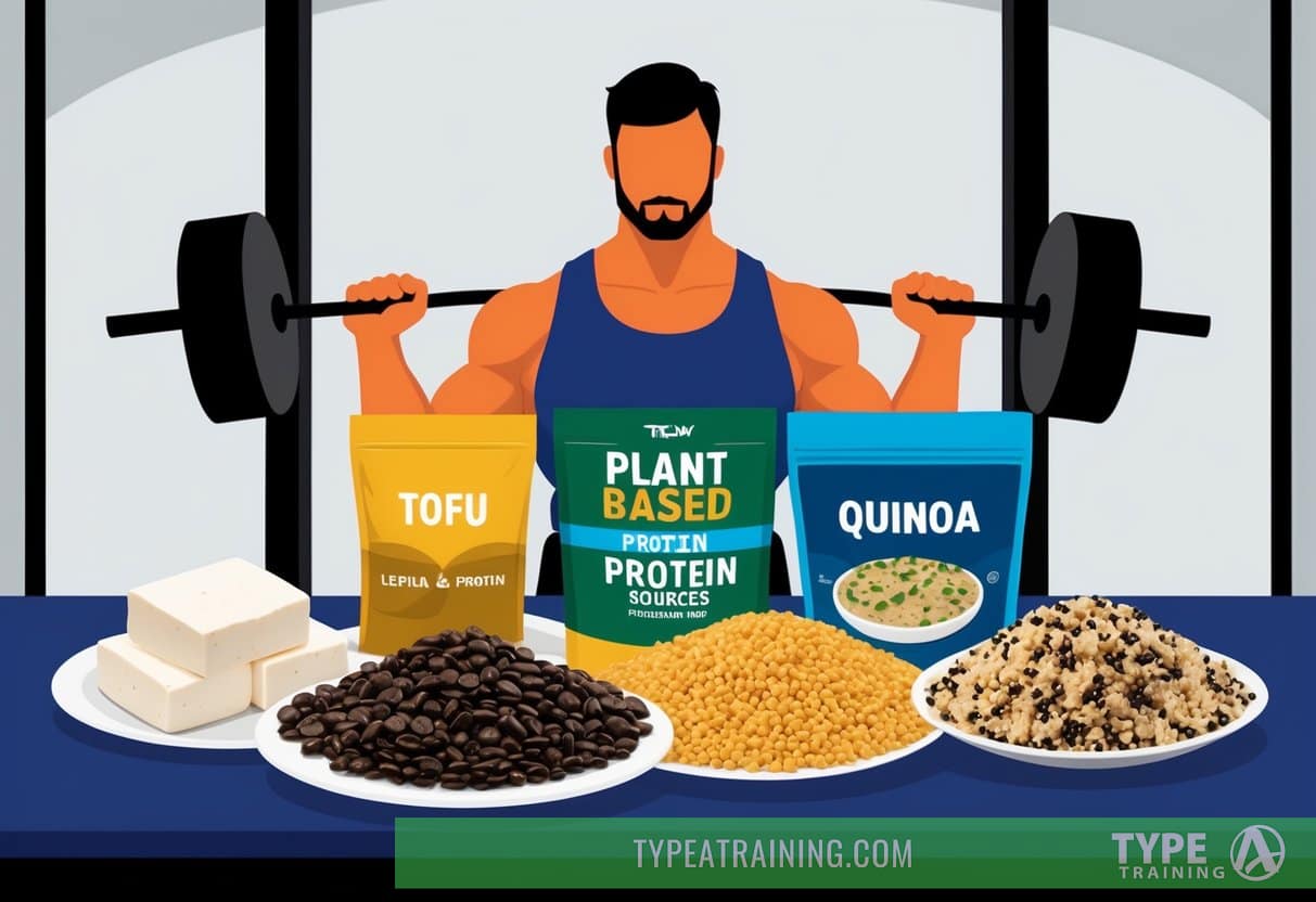 A weightlifting gym with plant-based protein sources such as tofu, lentils, and quinoa displayed on a table. A muscular figure lifting weights in the background