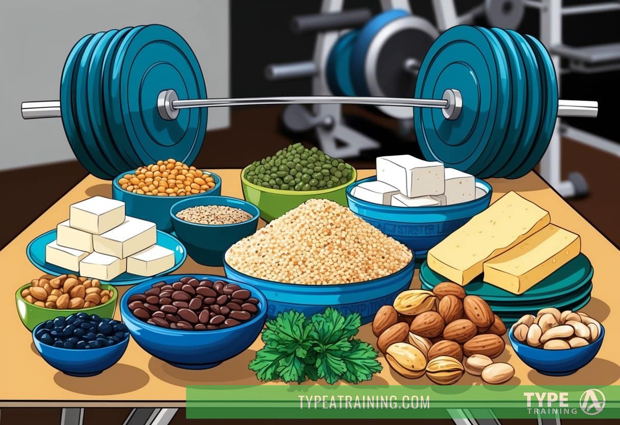 A variety of plant-based protein sources arranged on a table, including beans, lentils, tofu, quinoa, and nuts. A weightlifting barbell and exercise equipment in the background
