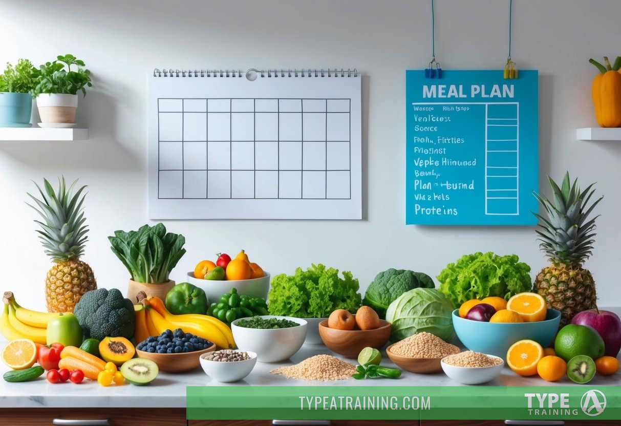 A variety of colorful fruits, vegetables, grains, and plant-based protein sources arranged on a kitchen counter, with a meal plan and workout schedule pinned on the wall