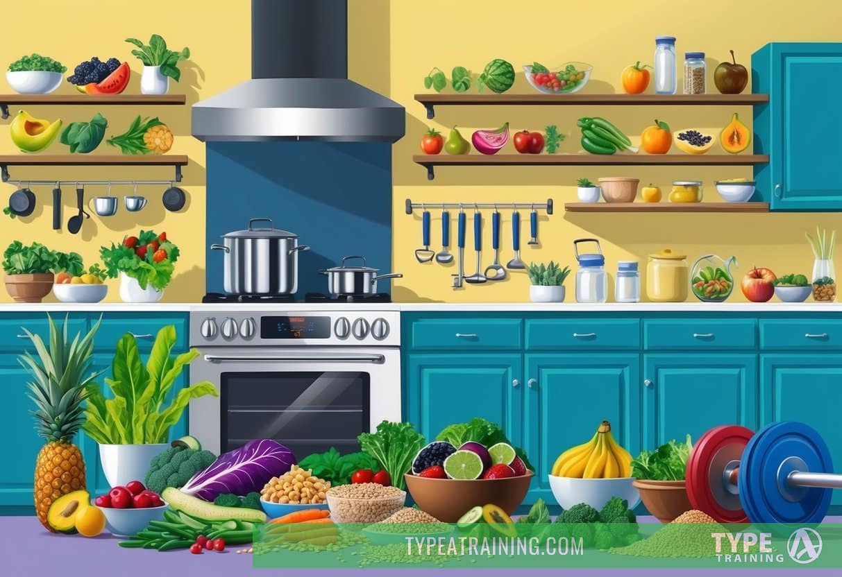 A vibrant kitchen filled with an array of colorful fruits, vegetables, grains, and plant-based protein sources. A weightlifting set and exercise equipment are nearby, emphasizing the combination of nutrition and fitness for muscle development