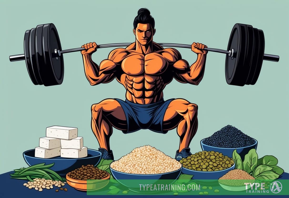 A muscular figure lifting weights surrounded by plant-based protein sources like tofu, lentils, and quinoa