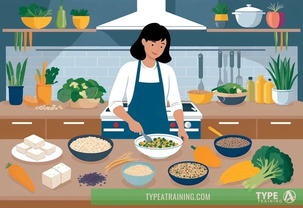 A person in a kitchen surrounded by various plant-based protein sources such as tofu, lentils, and quinoa. They are preparing a balanced meal with vegetables and grains