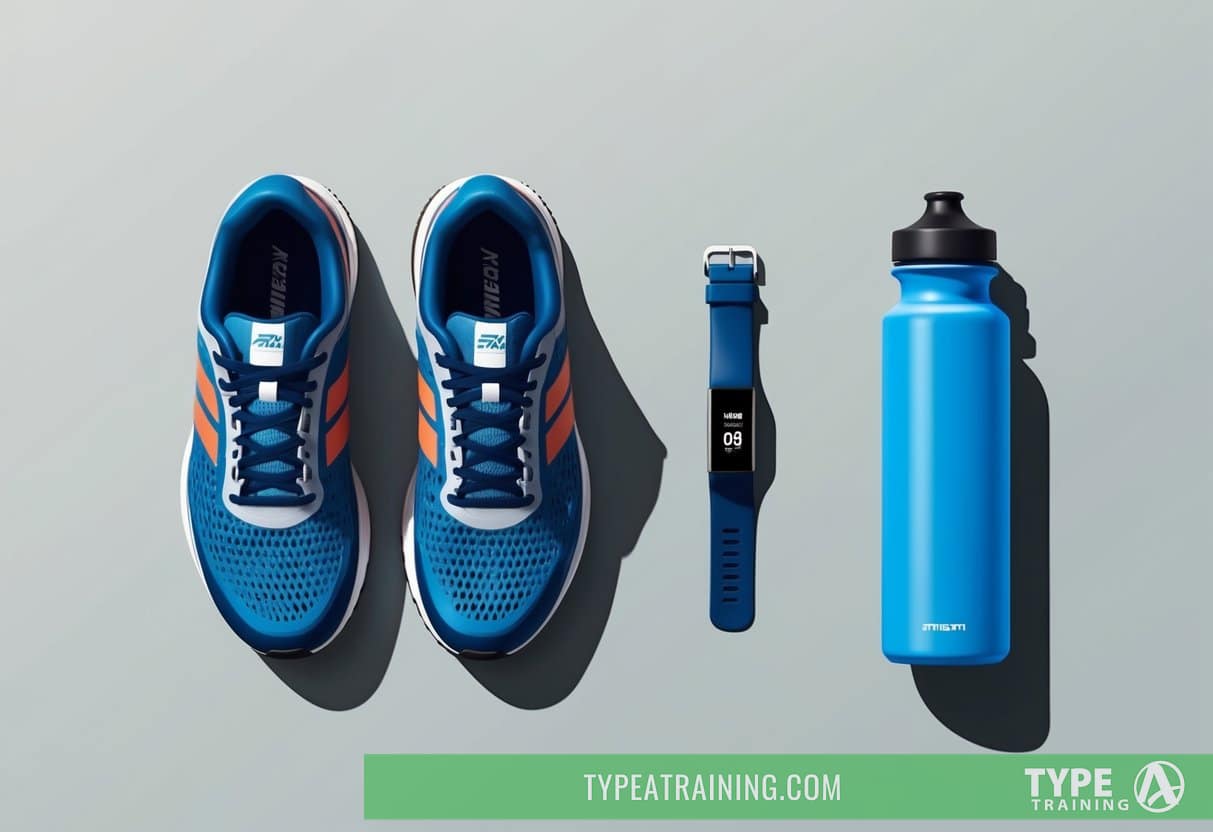 A pair of running shoes, a water bottle, and a fitness tracker laid out on a clean, uncluttered surface