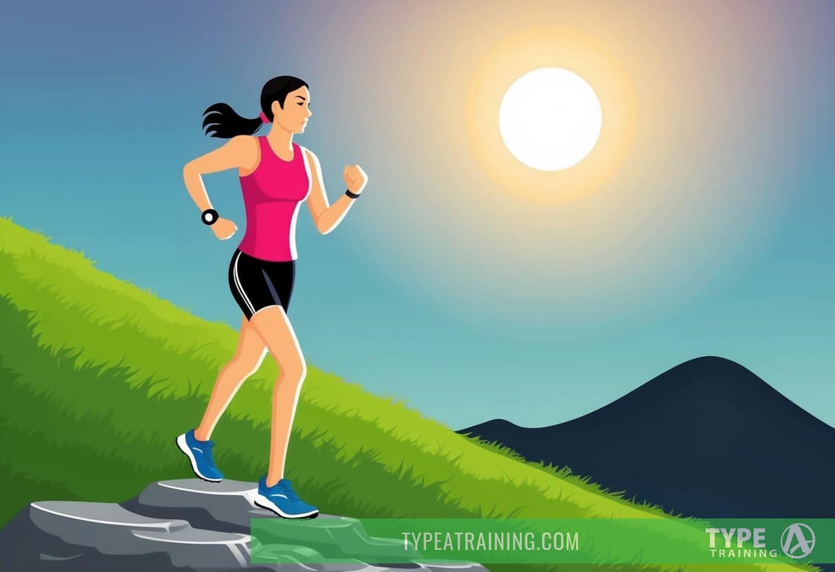 A person in running gear stands at the base of a hill, looking determined. The sun is rising in the background, casting a warm glow on the scene