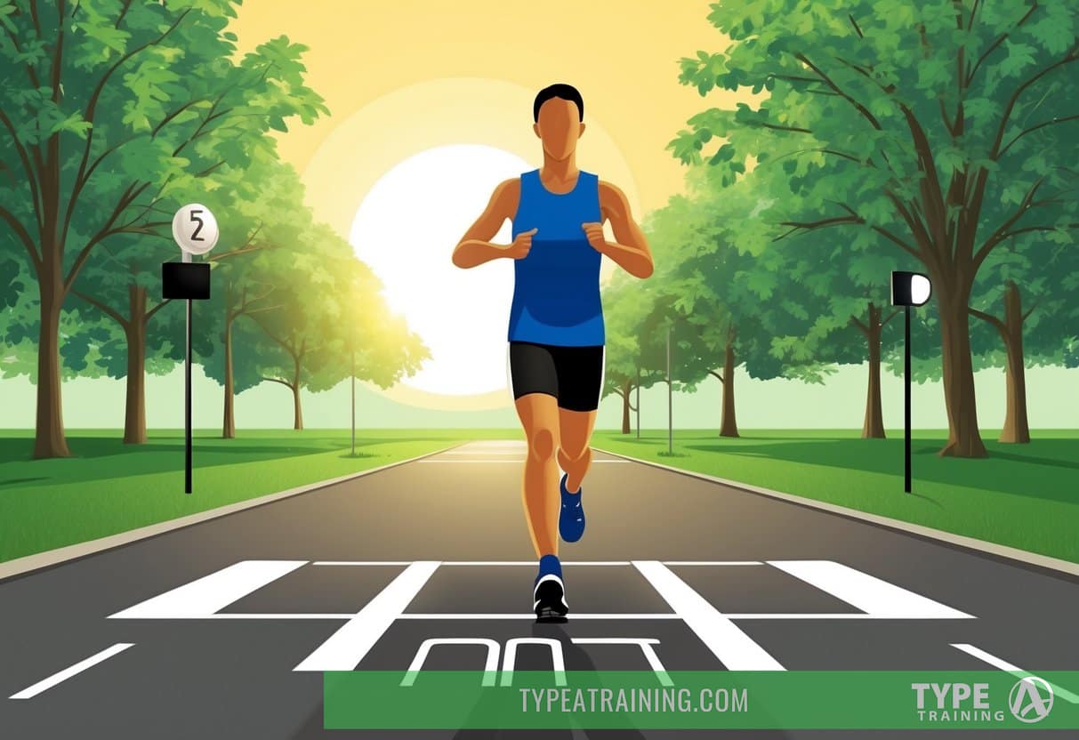 A person in running gear stands at the starting line, surrounded by a park with trees and a clear path ahead. The sun is rising in the background, casting a warm glow over the scene