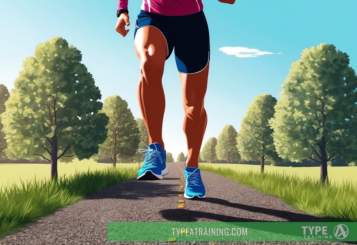 A person in running attire stepping onto a path, surrounded by trees and a clear sky