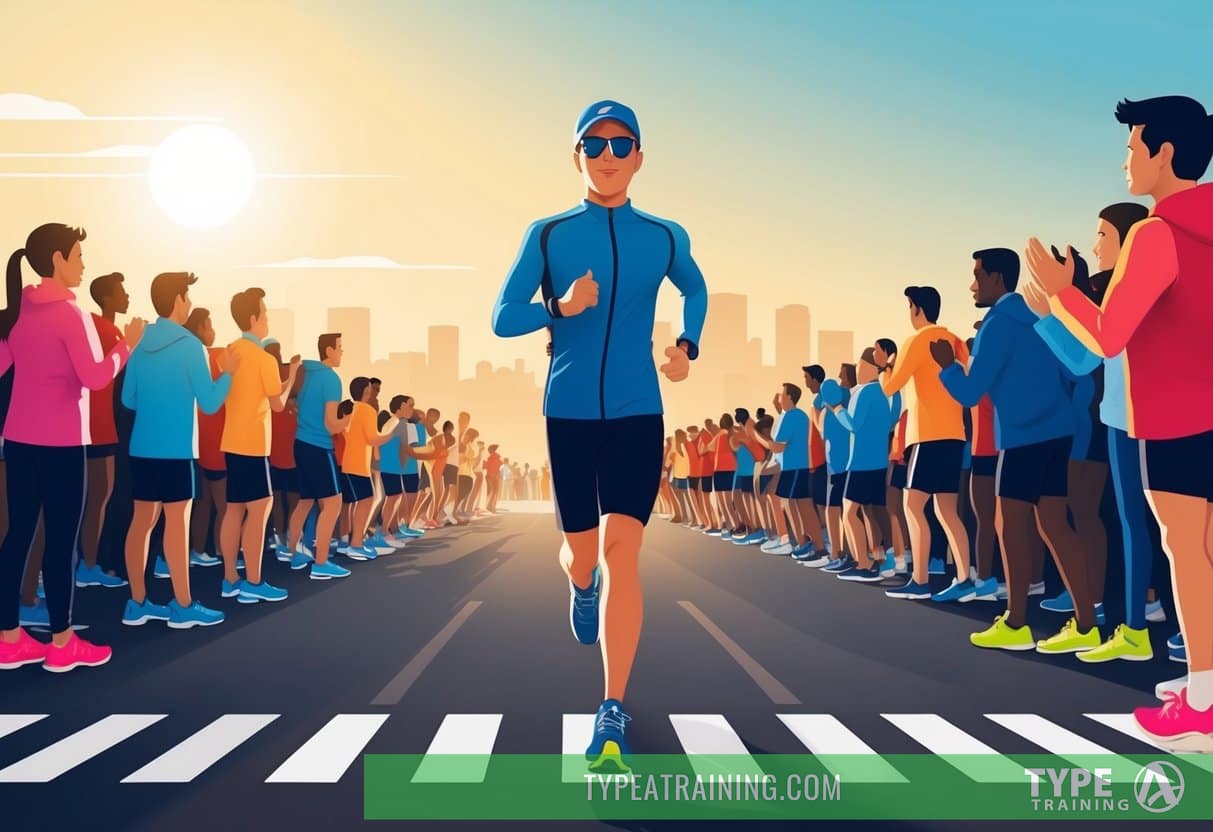A person in running gear stands at the starting line, surrounded by a supportive crowd. The sun is rising, casting a warm glow over the scene