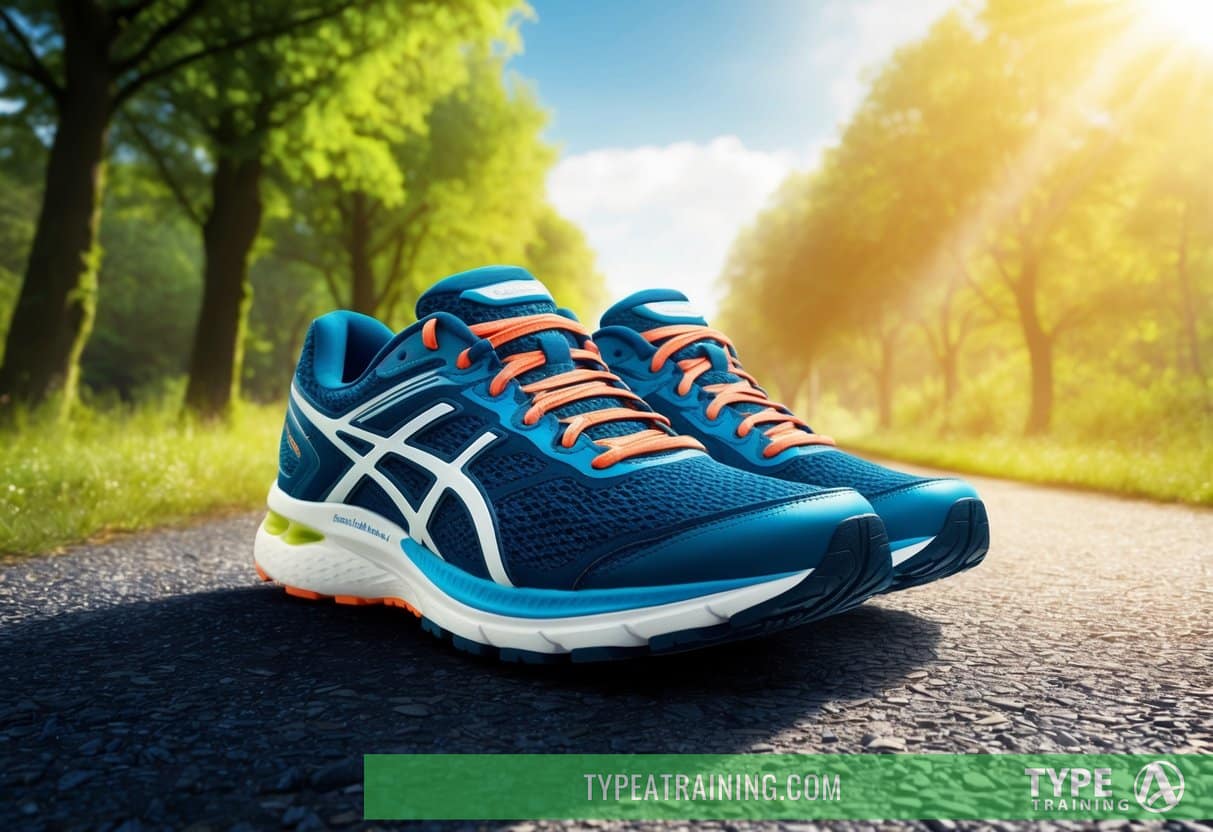 A pair of running shoes on a path, surrounded by trees and sunlight, with a sense of determination and anticipation in the air