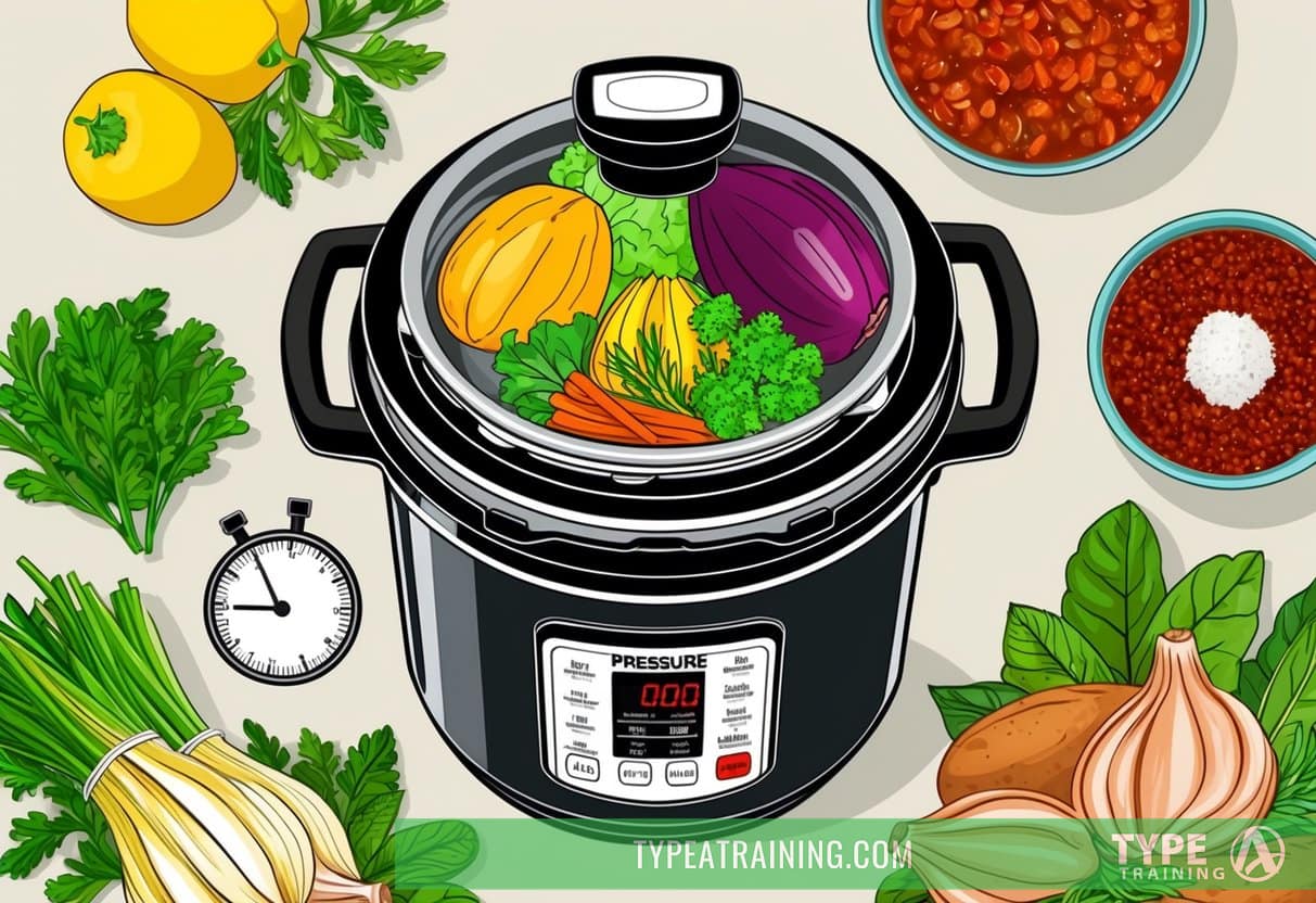 A pressure cooker surrounded by fresh ingredients and a timer, with safety features highlighted