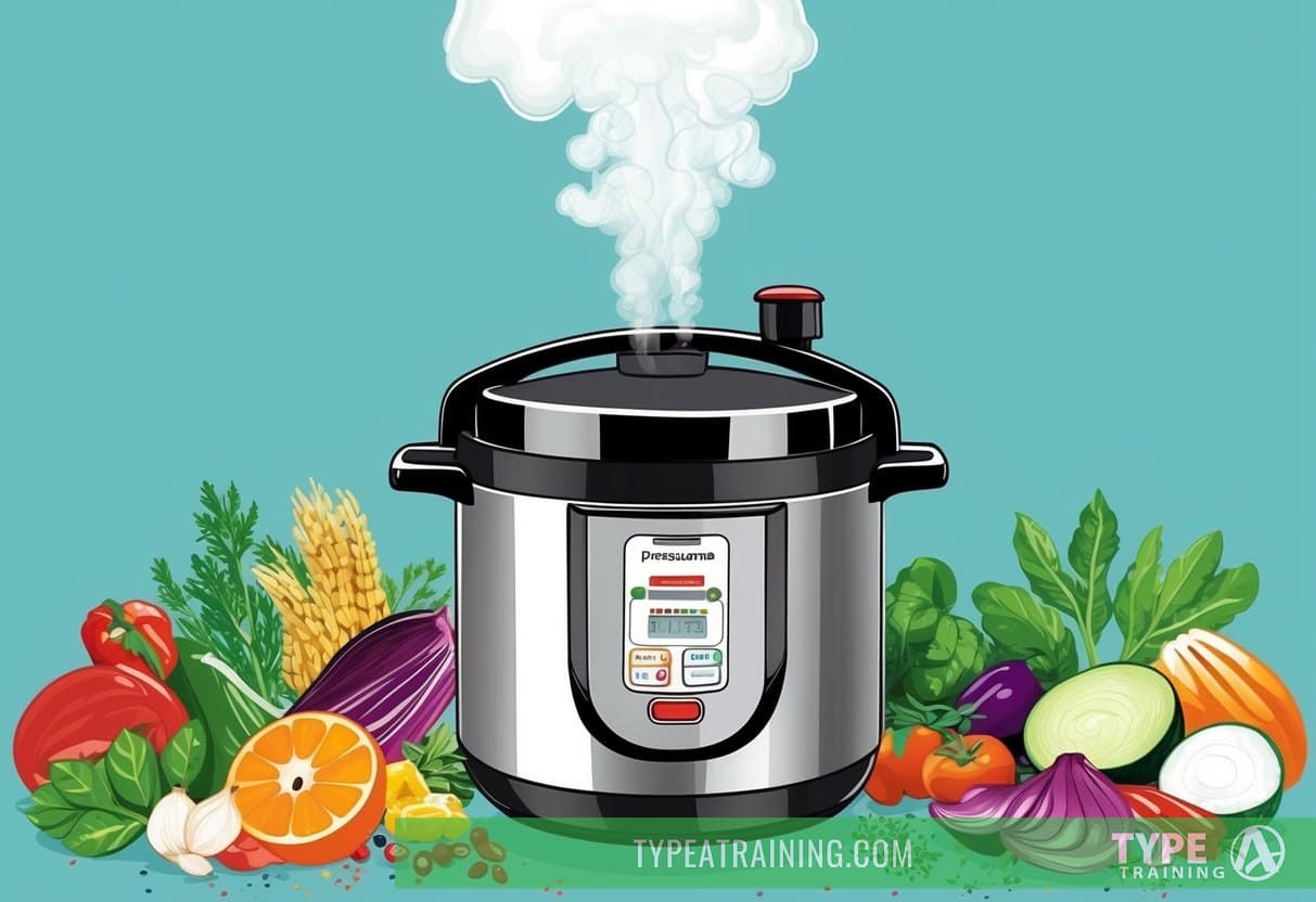 A pressure cooker releasing steam while cooking a variety of colorful, healthy ingredients