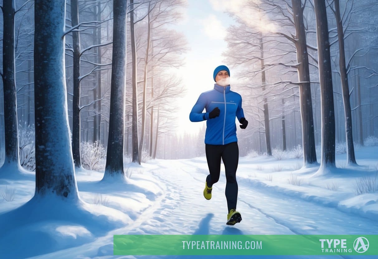 A lone runner in winter, surrounded by snow-covered trees, with breath visible in the cold air